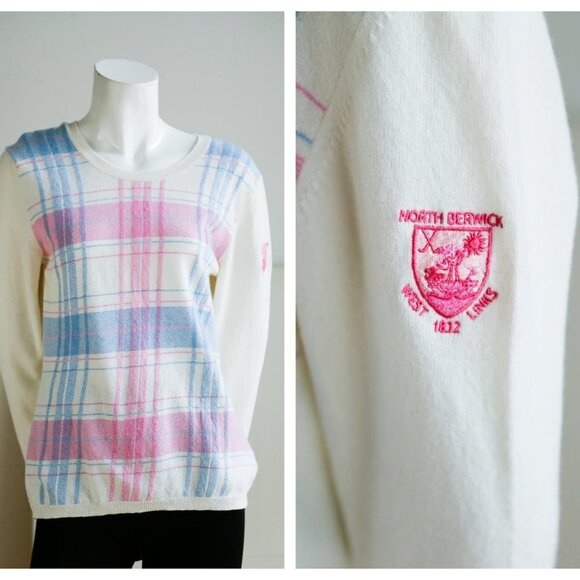 Hawick Knitwear Ivory Pink  Blue Plaid made in Scotland Lambswool Pullover - Picture 1 of 7